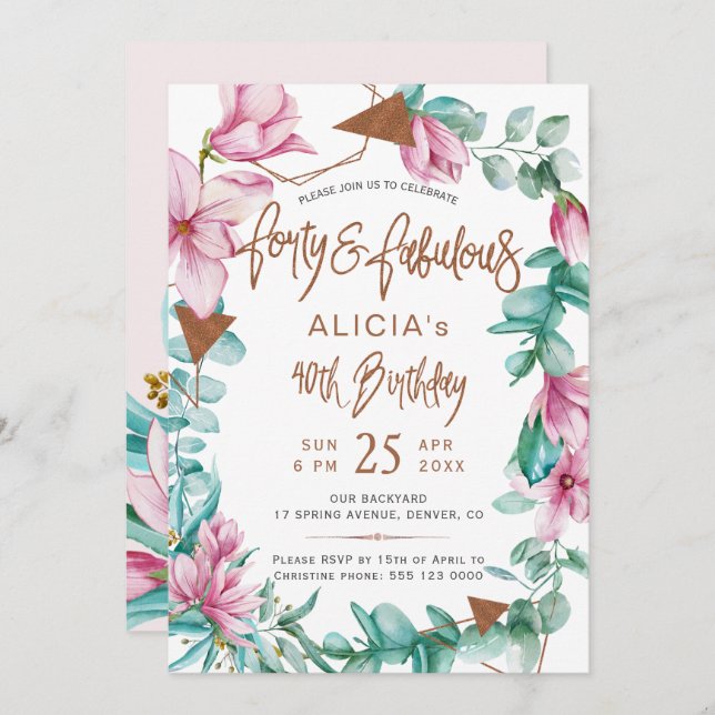 Invitación Fabuloso cuarenta acuarelas florales de 40 años (Anverso / Reverso)