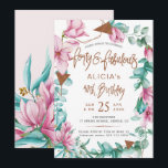 Invitación Fabuloso cuarenta acuarelas florales de 40 años<br><div class="desc">Plantilla de invitación a la moda de 40 años, romántica y elegante, con un fondo blanco claro (editable) con flores de magnolia rosa rubor con follaje de eucalipto verde sabio y azul menta y hojas y escritura de tipografía caprichosa de purpurina de cobre. Personalízalo con tus detalles! La invitación es...</div>