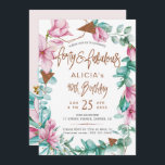 Invitación Fabuloso cuarenta acuarelas florales de 40 años<br><div class="desc">Plantilla de invitación a la moda de 40 años, romántica y elegante, con un fondo blanco claro (editable) con flores de magnolia rosa rubor con follaje de eucalipto verde sabio y azul menta y hojas y escritura de tipografía caprichosa de purpurina de cobre. Personalízalo con tus detalles! La invitación es...</div>