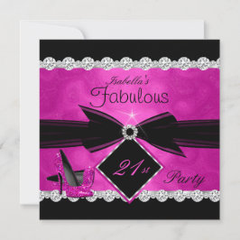 Invitación Fabuloso Cumpleaños 21 Rosa Fucsia Negro Plateado 