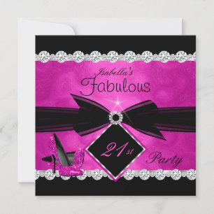 Invitación Fabuloso Cumpleaños 21 Rosa Fucsia Negro Plateado 