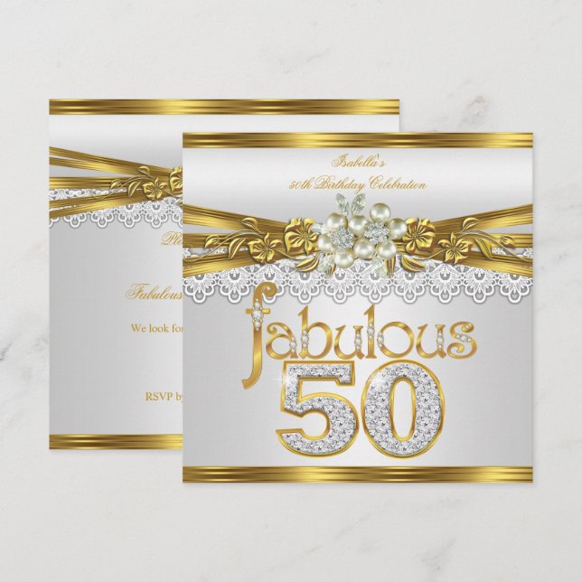 Invitación Fabuloso Cumpleaños 50 Blanco Perla Encaje Dorado (Anverso / Reverso)