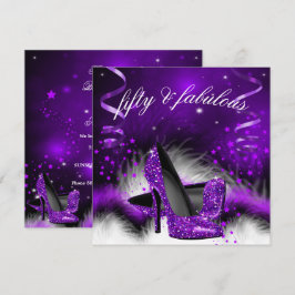Invitación Fabuloso cumpleaños 50 con tacones altos púrpura