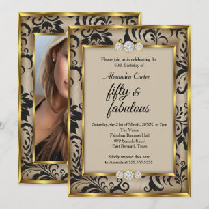 Invitación Fabuloso Cumpleaños 50 Foto Beige Negro Damasco Do