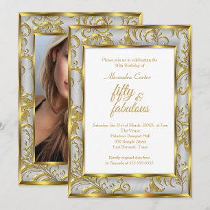 Invitación Fabuloso cumpleaños 50 Foto Damasco dorado gris pl