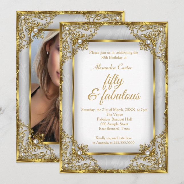 Invitación Fabuloso cumpleaños 50 foto oro gris perla (Anverso / Reverso)