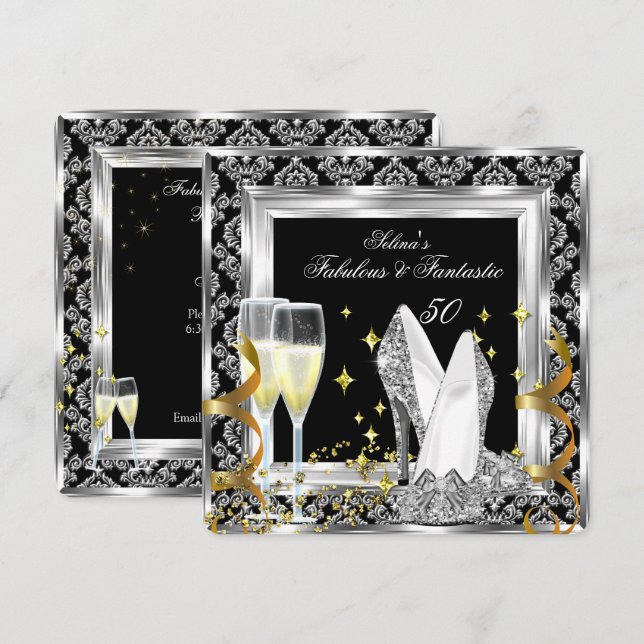 Invitación Fabuloso Cumpleaños 50 Negro Damasco Plateado (Anverso / Reverso)