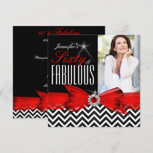 Invitación Fabuloso Cumpleaños 60 Rojo Chevron Negro Blanco 2