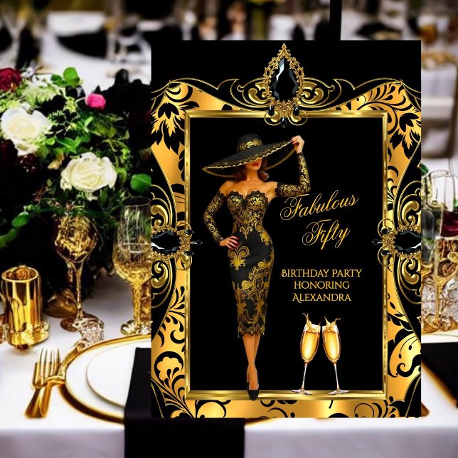 Invitación Fabuloso cumpleaños Black Gold Damask Champagne (Subido por el creador)