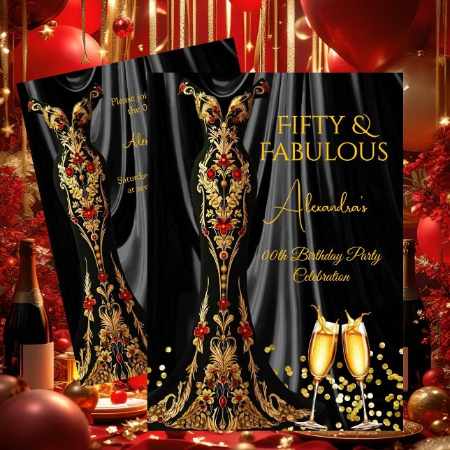 Invitación Fabuloso cumpleaños Black Red Gold Vress Champagne (Subido por el creador)