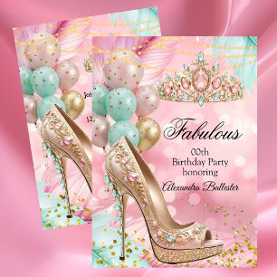 Invitación Fabuloso cumpleaños Blush Rosa Verde Tiara Tacón D
