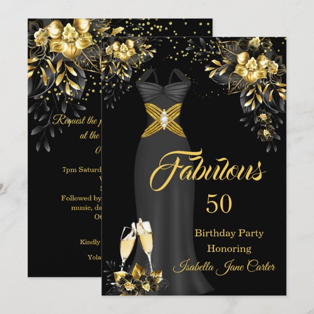 Invitación Fabuloso cumpleaños Champagne Black Gold Floral (Anverso / Reverso)