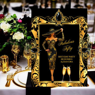 Invitación Fabuloso Cumpleaños Champagne Negro Dorado Damasco