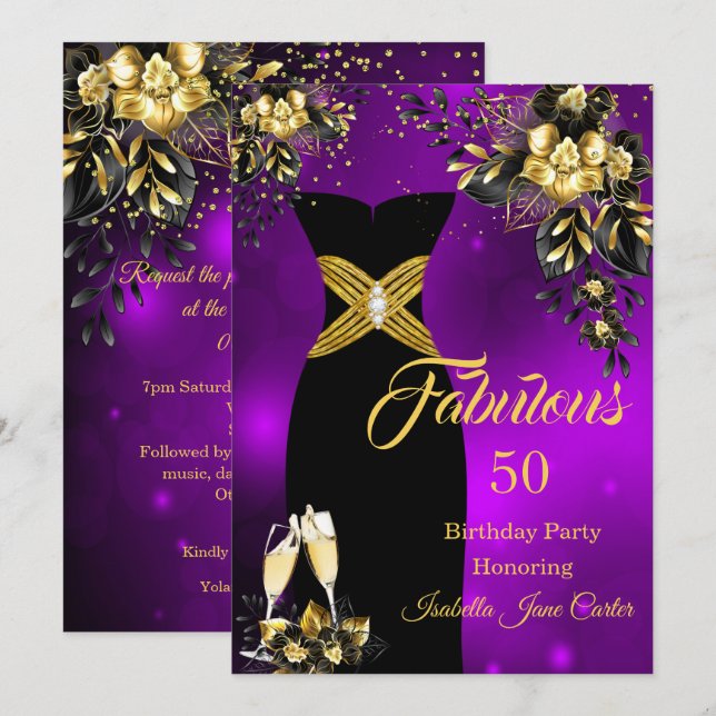 Invitación Fabuloso cumpleaños Champagne Purple Gold Floral (Anverso / Reverso)