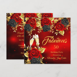 Invitación Fabuloso cumpleaños Champagne Rosa negro rojo oro