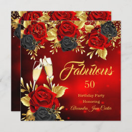 Invitación Fabuloso cumpleaños Champagne Rosa negro rojo oro