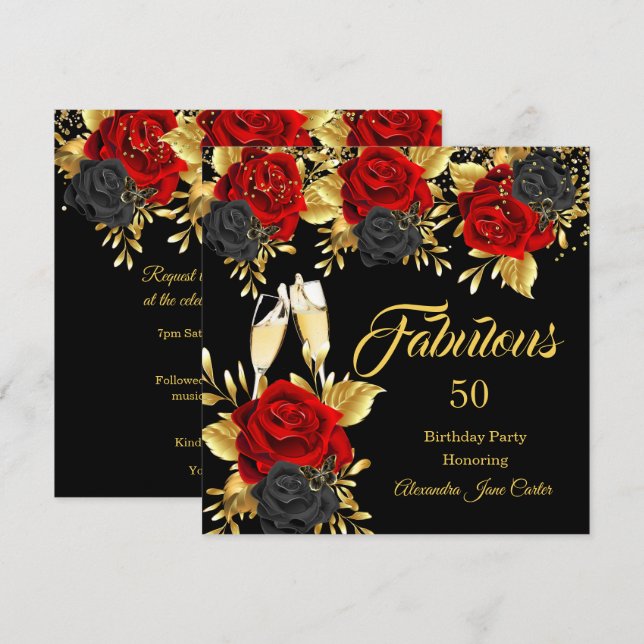 Invitación Fabuloso cumpleaños Champagne Rosas rojos negros G (Anverso / Reverso)
