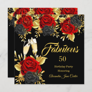 Invitación Fabuloso cumpleaños Champagne Rosas rojos negros G