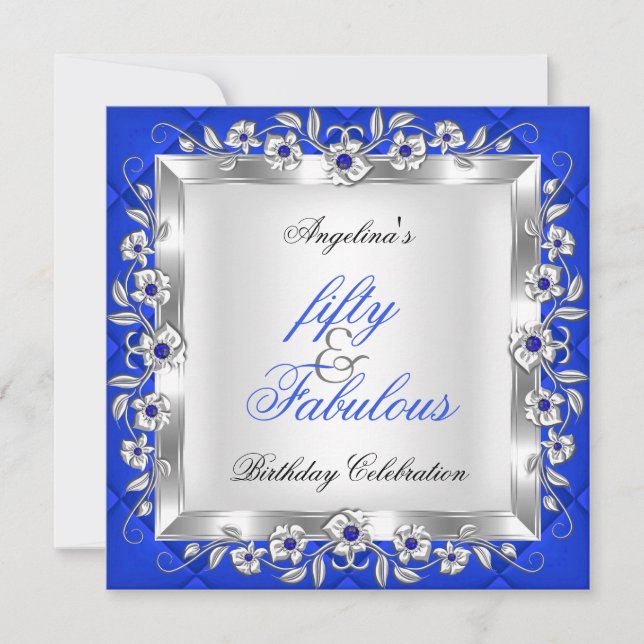 Invitación Fabuloso Cumpleaños con Flores Azules Reales 50 (Anverso)