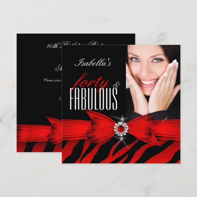 Invitación Fabuloso Cumpleaños de 40 Cebras Negras Foto Roja (Anverso / Reverso)