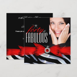 Invitación Fabuloso Cumpleaños de 40 Fotos Cebra Roja Negra y