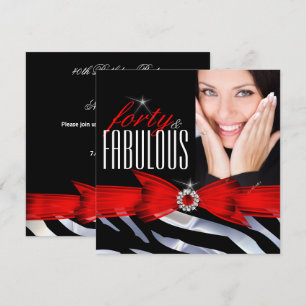 Invitación Fabuloso Cumpleaños de 40 Fotos Cebra Roja Negra y
