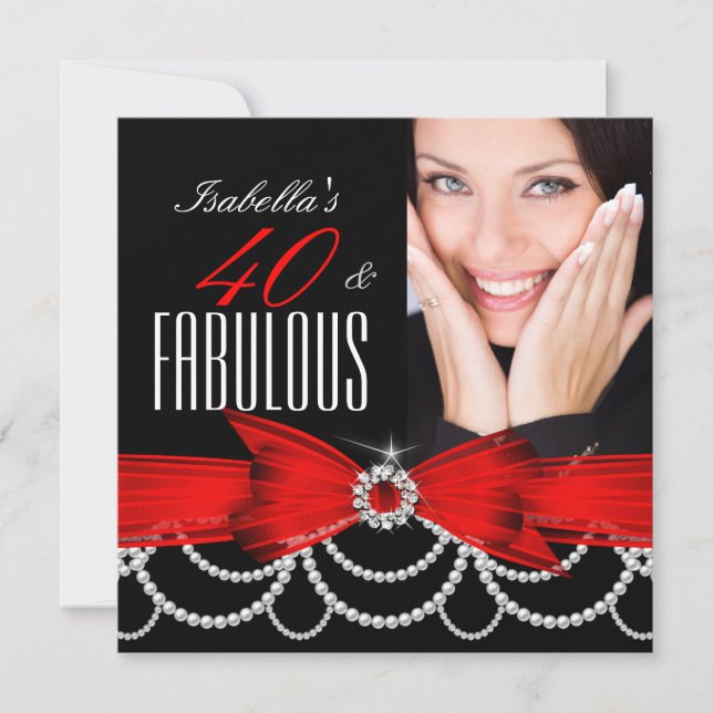 Invitación Fabuloso Cumpleaños de 40 Perlas Negras Blancas Ro (Anverso)