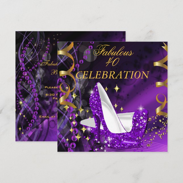 Invitación Fabuloso cumpleaños de 40 talones de oro morado de (Anverso / Reverso)