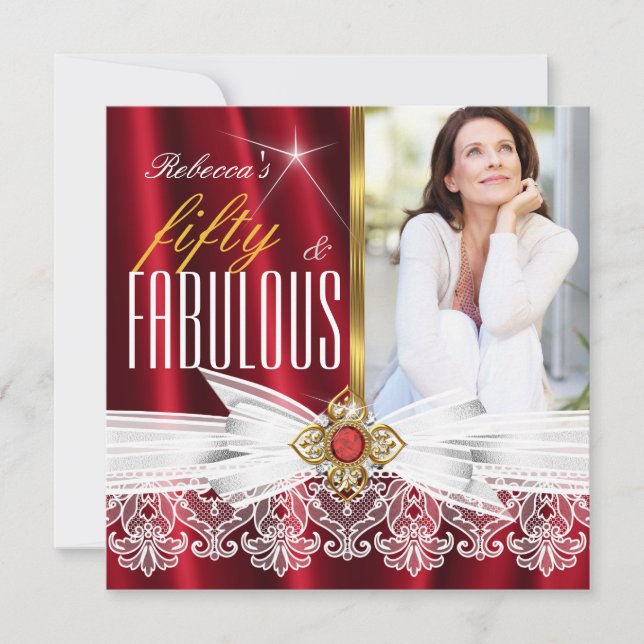 Invitación Fabuloso Cumpleaños de 50 encaje rojo y blanco dor (Anverso)
