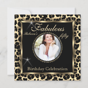 Invitación Fabuloso Cumpleaños de 50 Fotos Bronce Negro Leopa