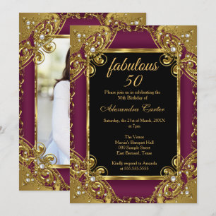 Invitación Fabuloso Cumpleaños de 50 Fotos Plum Gold Pearl Fi