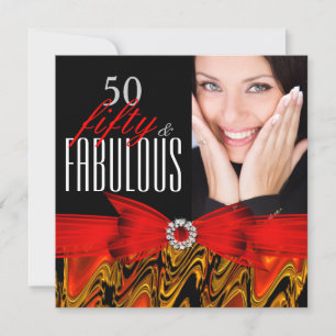 Invitación Fabuloso Cumpleaños de 50 Fotos Rojo Dorado Negro
