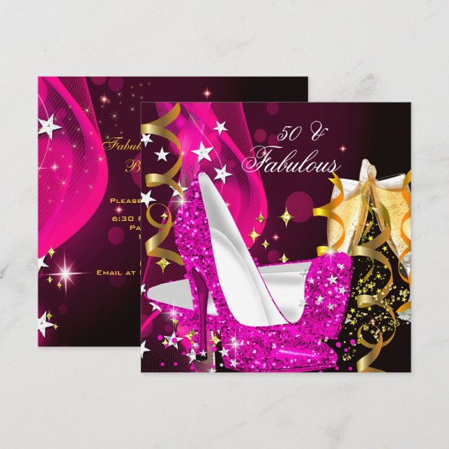 Invitación Fabuloso Cumpleaños de 50 para Mujer Fiesta Rosa C (Anverso / Reverso)