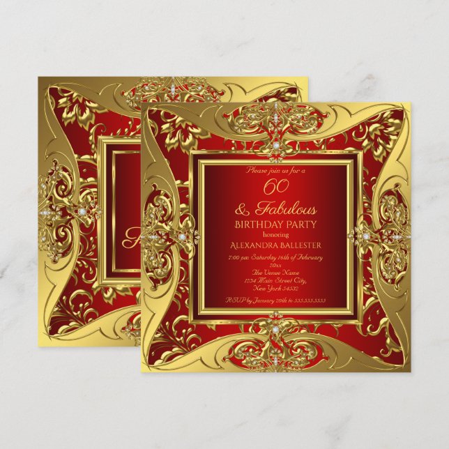 Invitación Fabuloso Cumpleaños de 60 años con flores rojas y  (Anverso / Reverso)