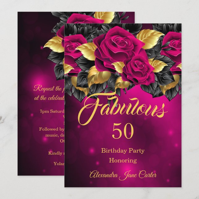 Invitación Fabuloso Cumpleaños de Cualquier Edad Rosa Dorado  (Anverso / Reverso)