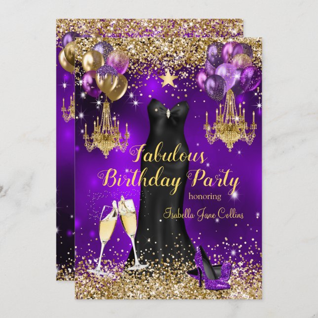 Invitación Fabuloso cumpleaños Estrella de la Celebración Púr (Anverso / Reverso)
