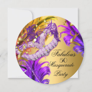 Invitación Fabuloso Cumpleaños Fiesta de Máscaras de Oro Púrp
