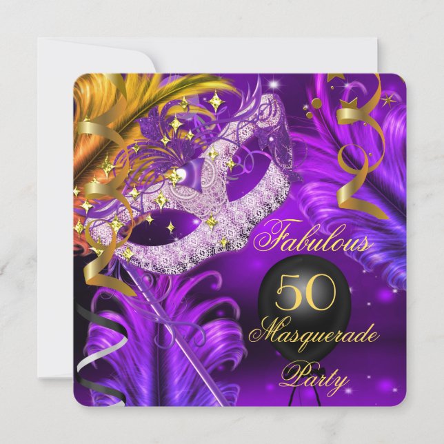 Invitación Fabuloso Cumpleaños Fiesta de Máscaras Purpura Dor (Anverso)