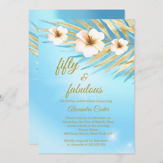 Invitación Fabuloso Cumpleaños Floral Azul Turquesa Dorado Bl (Anverso / Reverso)