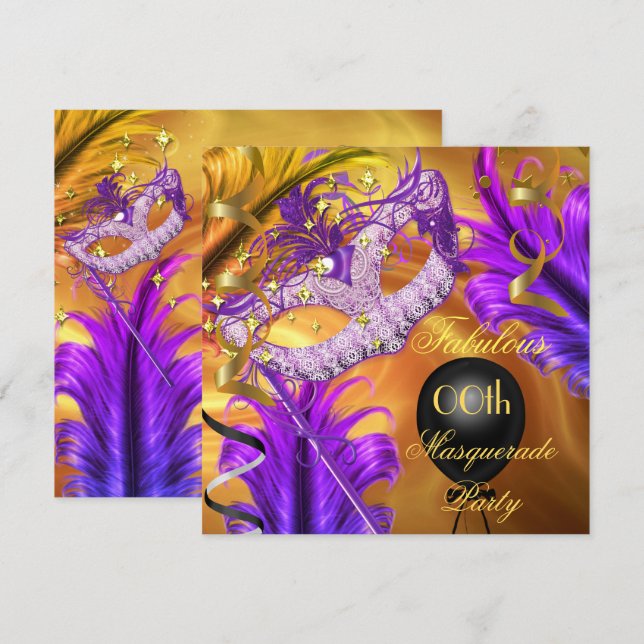 Invitación Fabuloso cumpleaños Masquerade Fiesta Purple Gold (Anverso / Reverso)