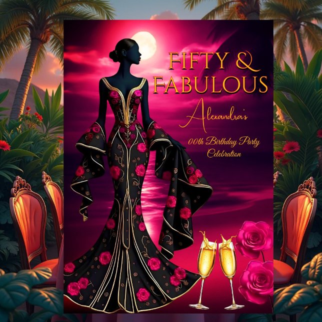 Invitación Fabuloso cumpleaños Moonlight Beach Black Pink Gol (Subido por el creador)