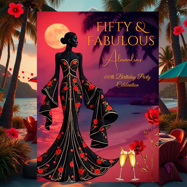 Invitación Fabuloso cumpleaños Moonlight Beach Black Red Gold (Subido por el creador)