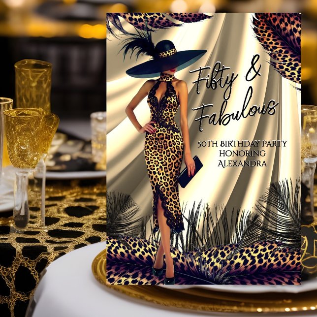Invitación Fabuloso cumpleaños mujer pluma Leopardo de oro ne (Subido por el creador)