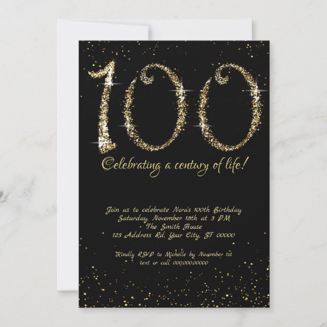 Invitación Fabuloso cumpleaños número 100, Purpurina de oro (Anverso)