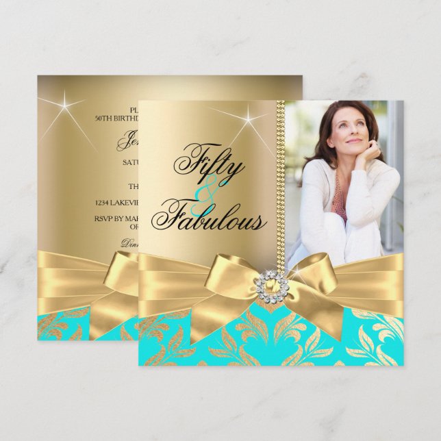 Invitación Fabuloso Cumpleaños Número 50 con Hoja de Oro y La (Anverso / Reverso)
