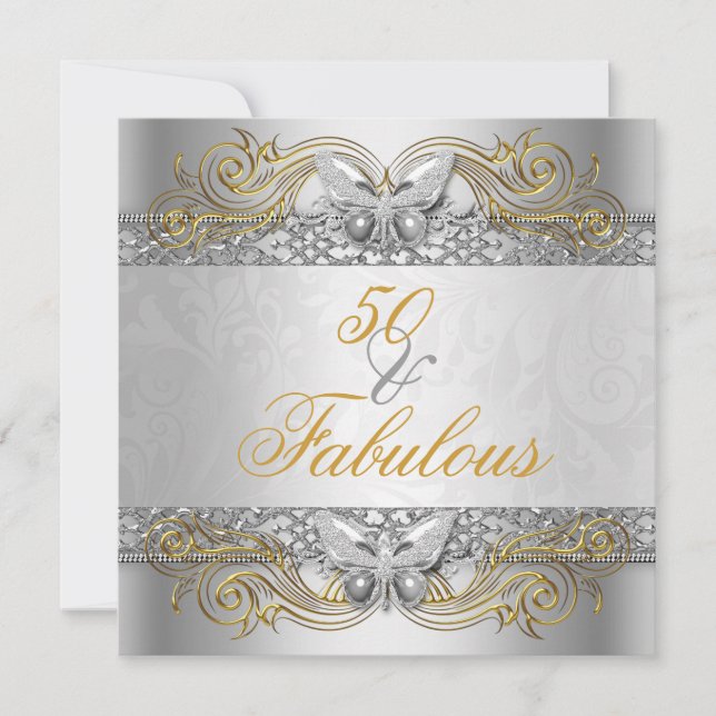 Invitación Fabuloso cumpleaños número 50 con mariposas de pla (Anverso)