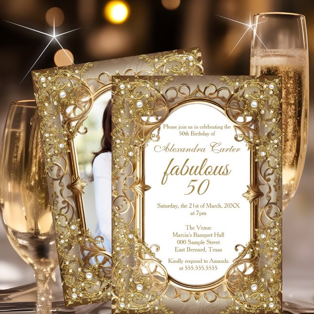 Invitación Fabuloso cumpleaños número 50 foto beige Perla Dor (Subido por el creador)