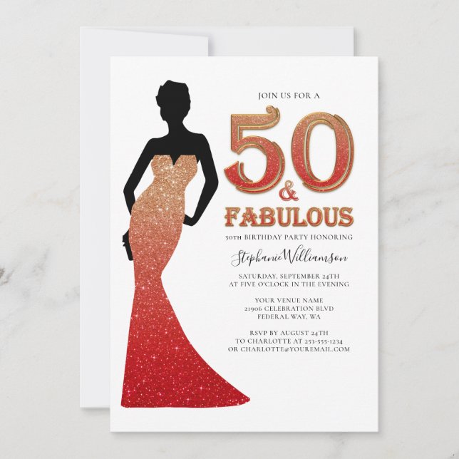 Invitación Fabuloso cumpleaños número 50 Ombre Purpurina Gown (Anverso)