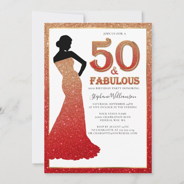 Invitación Fabuloso cumpleaños número 50 Ombre Purpurina Gown (Anverso)