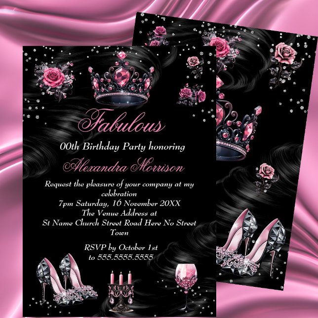 Invitación Fabuloso cumpleaños Plata Rosa Negro Típica (Subido por el creador)